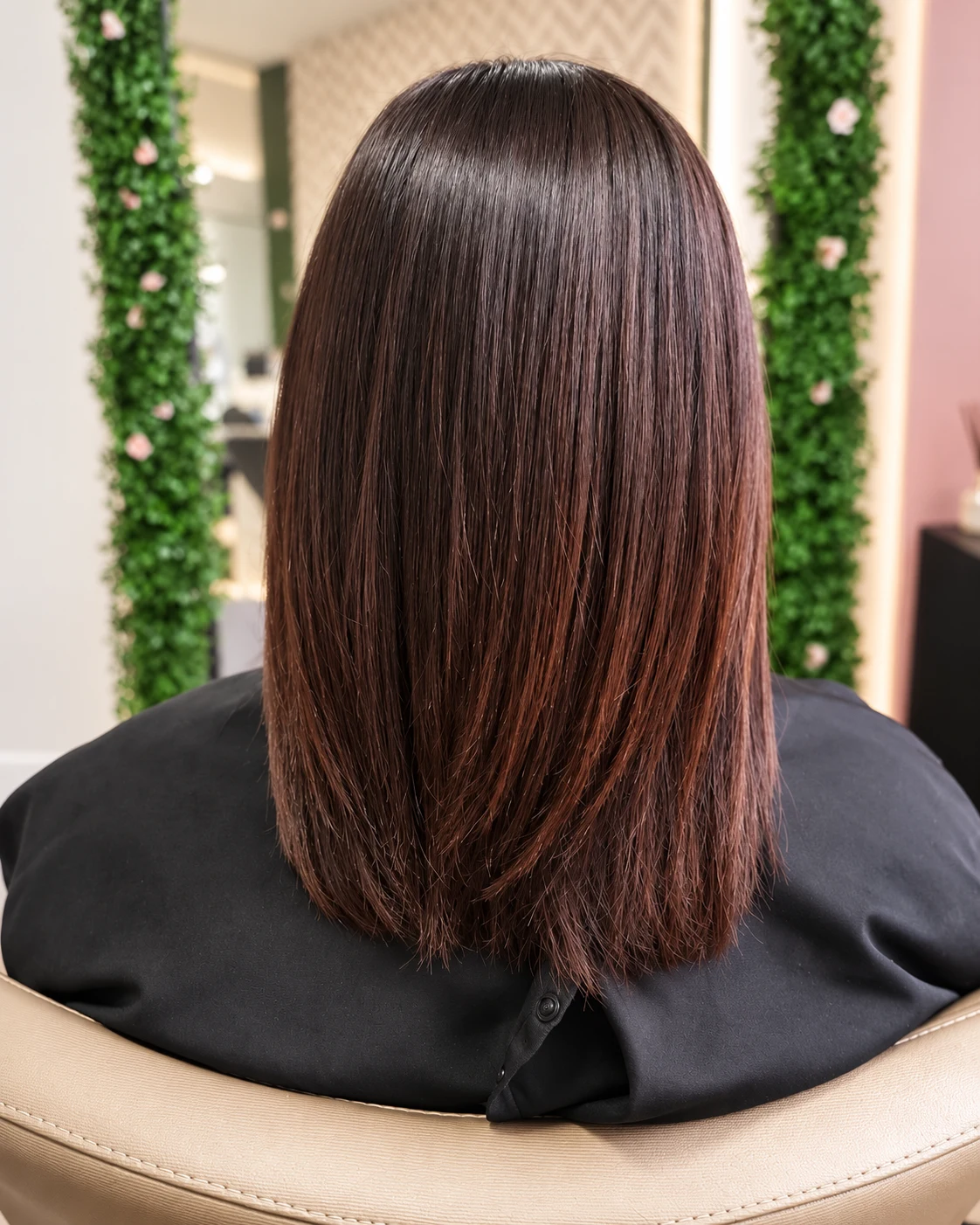 Vista de costas do resultado do caso Alisamento A, com cabelo liso até aos ombros.